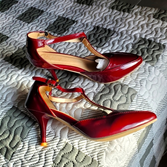 Shoes - Chic Burgundy T-Strap Heels